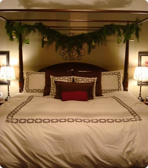 pine greenery on canopy bed